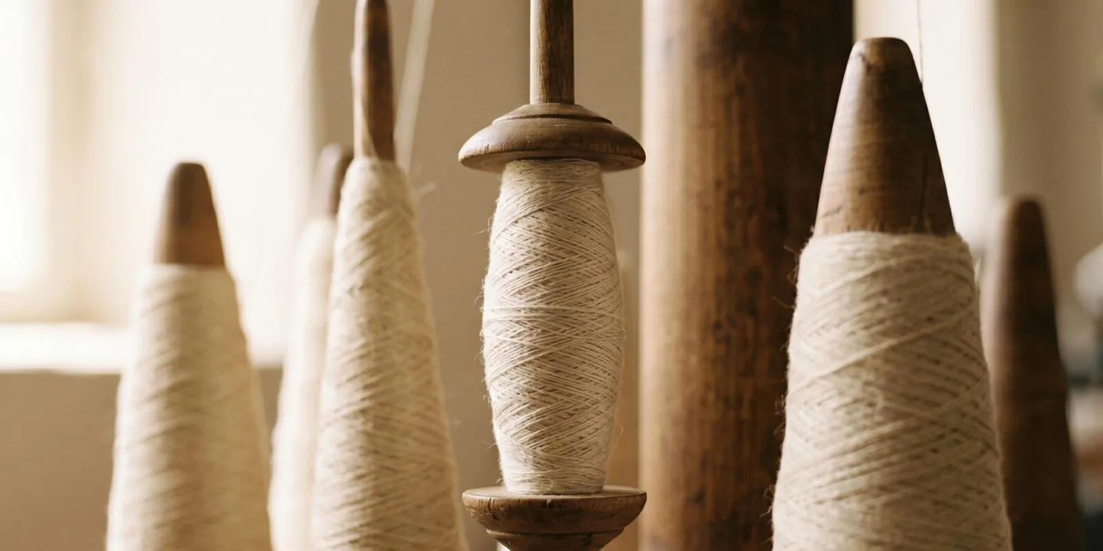 Long-staple flax yarn on traditional wooden spools