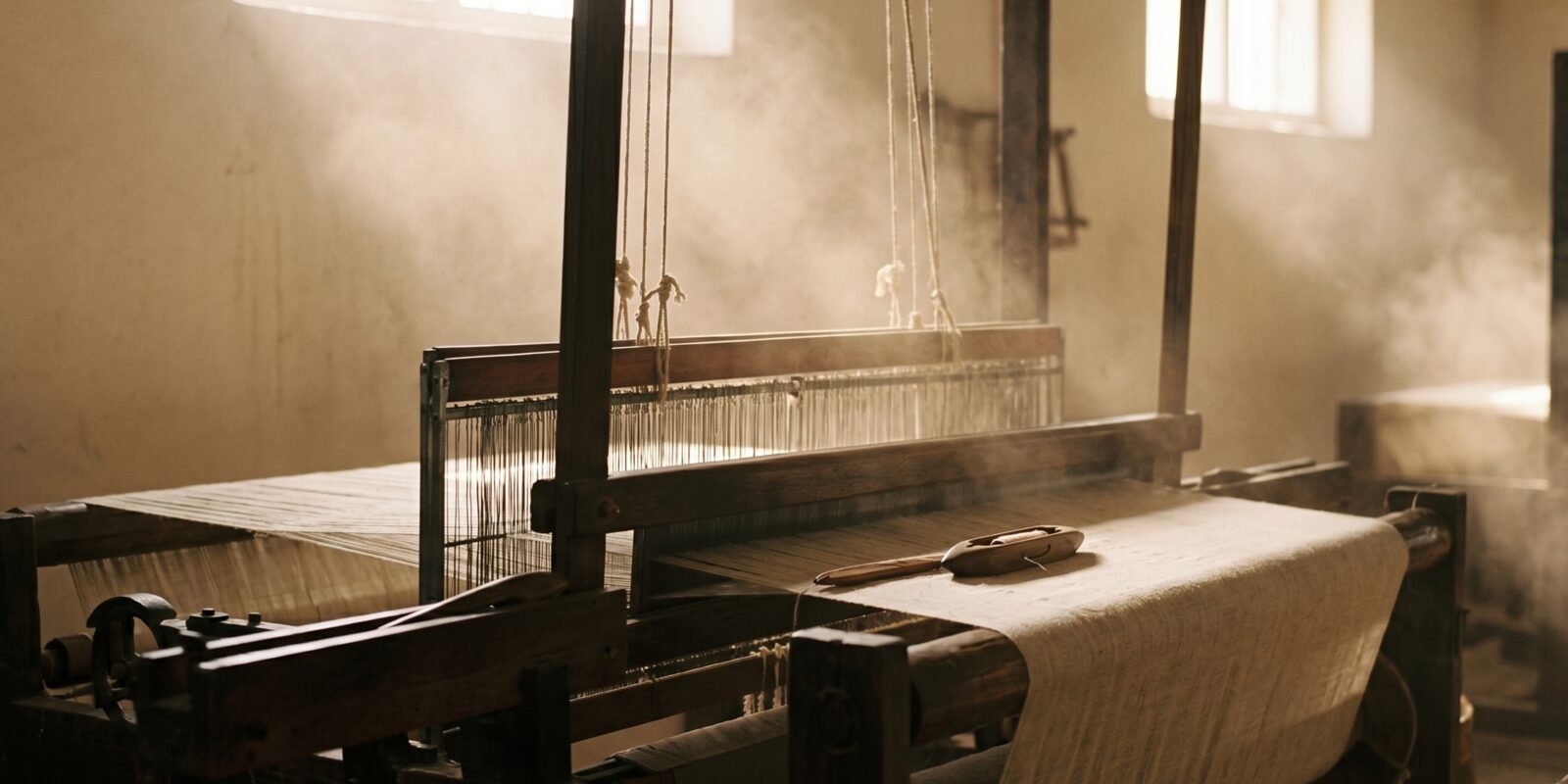 Traditional shuttle loom weaving linen fabric