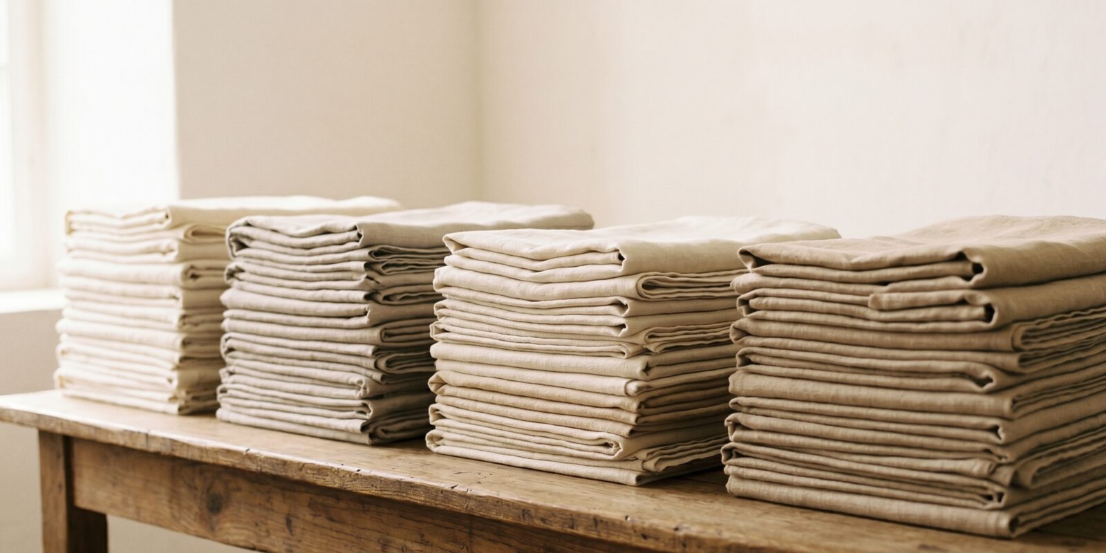 Stacks of finished, enzyme-washed linen fabric