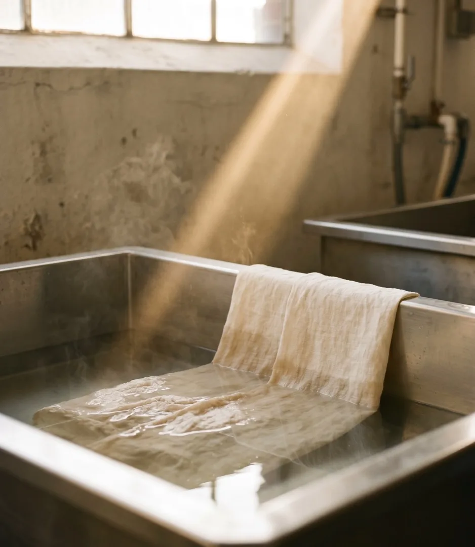 Cream linen submerged in a warm enzyme bath — surface fibres softening