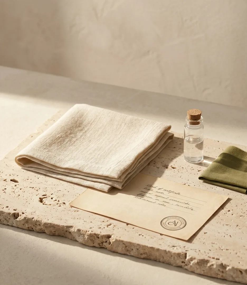 Folded cream linen on travertine beside a discreet certification card