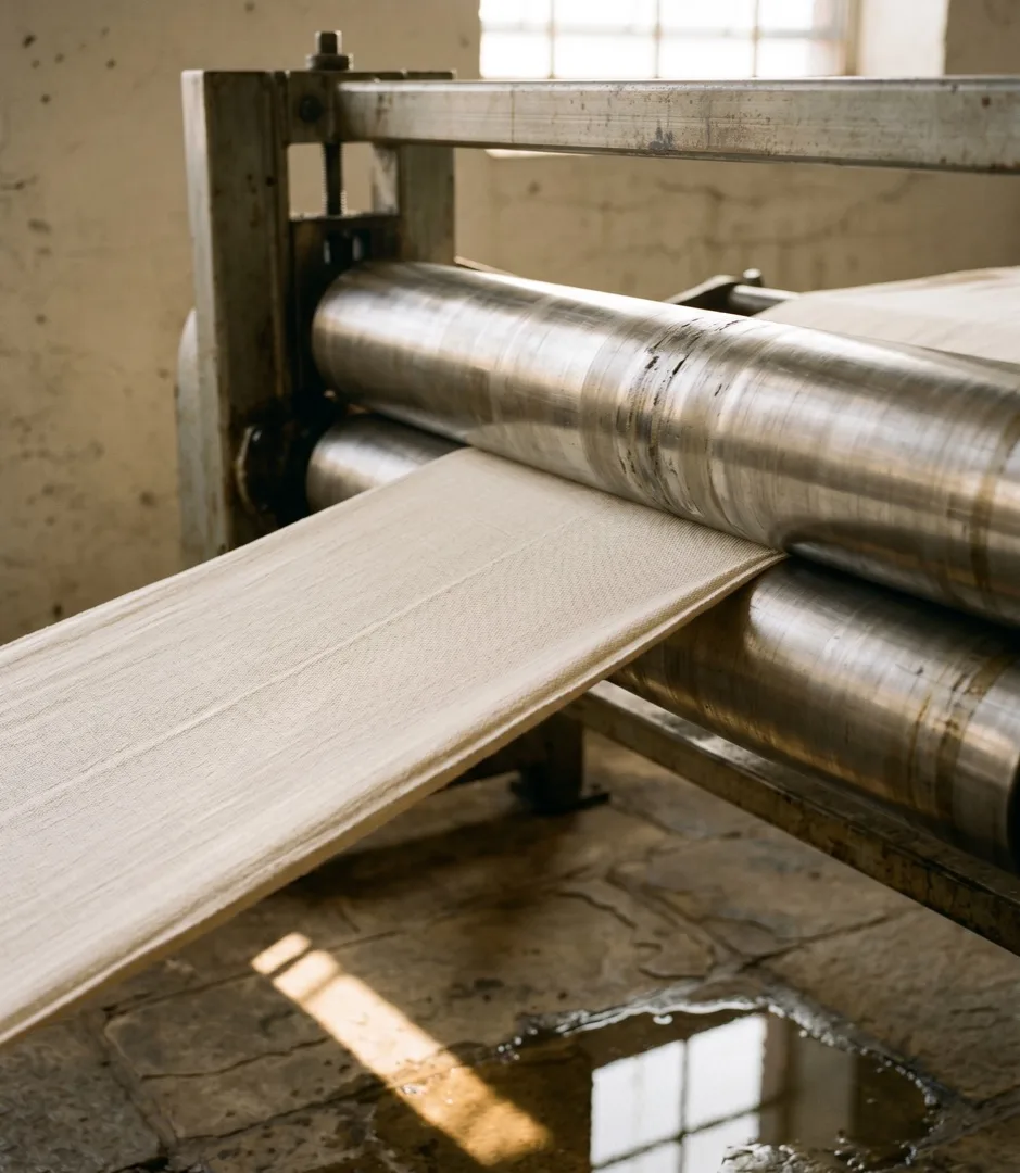 Linen drawn taut between heavy steel rollers — mechanical pre-shrinking