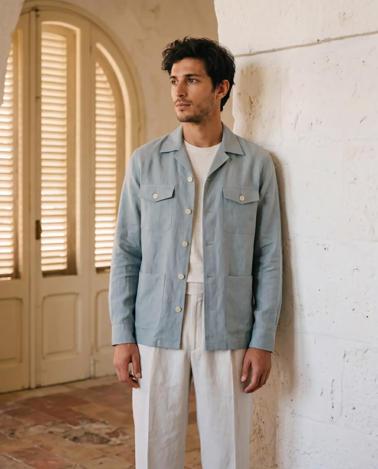 The Frame overshirt in Cerulean — a soft blue linen overshirt worn over a cream tee, leaning against a whitewashed masseria wall.