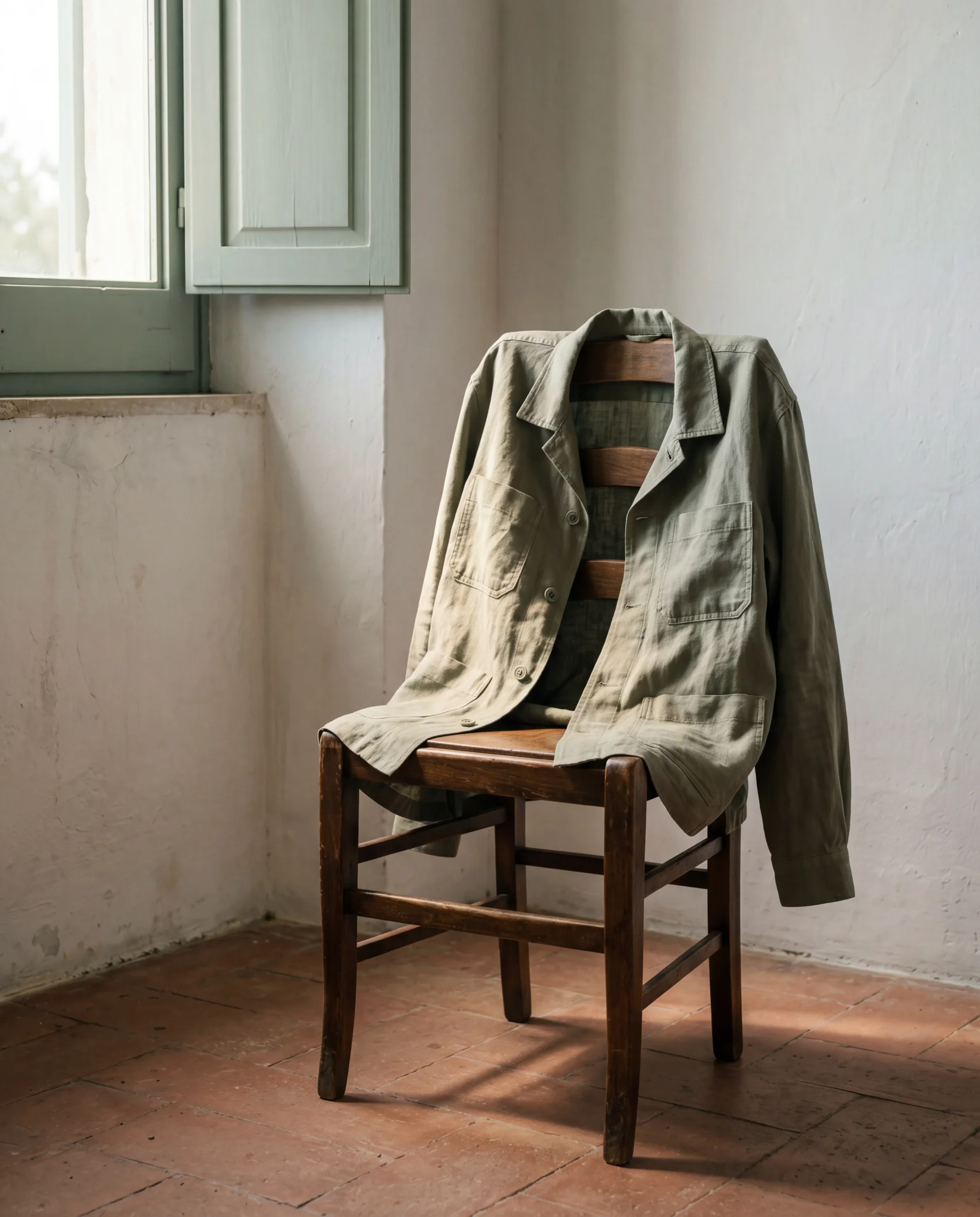 The Frame in Olive — a sage-olive linen overshirt draped over a worn dark oak chair in a sunlit Apulian masseria room, terracotta tile floor
