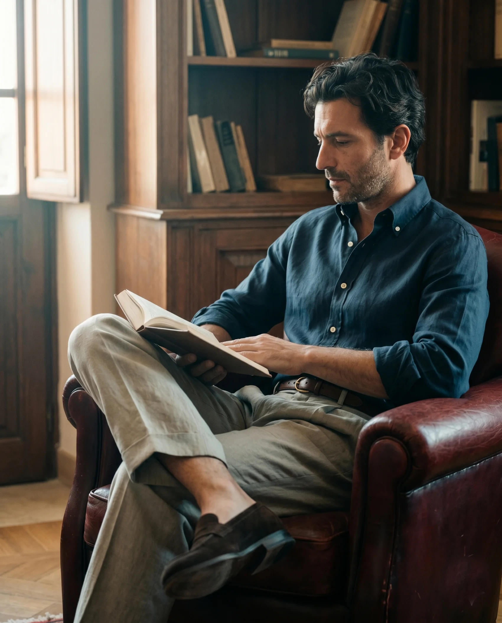 The Hollow in Ink — a man in a deep navy linen button-down shirt and Stone Column Wide trousers, seated reading in a leather club chair in an Apulian masseria library