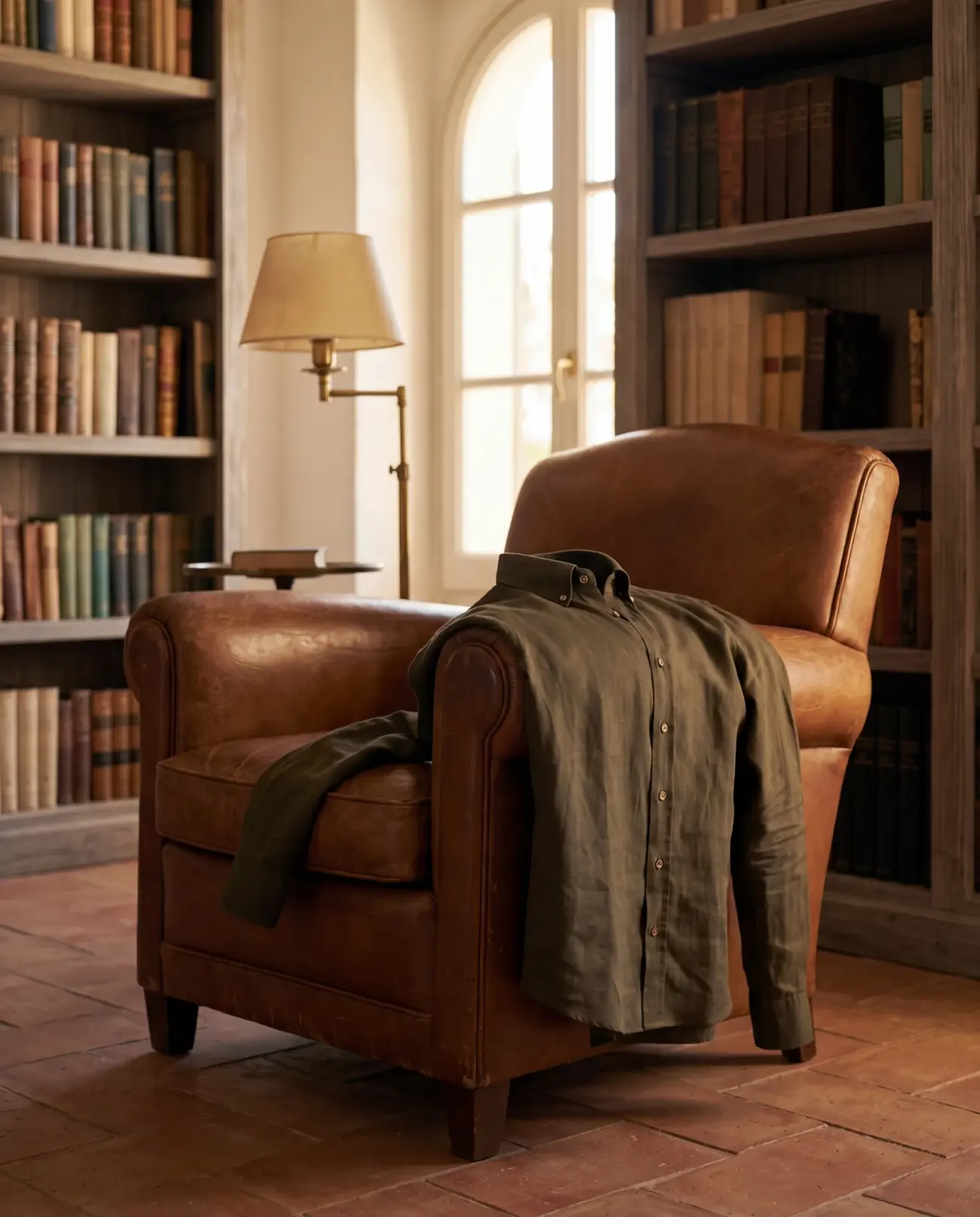 The Hollow shirt in Dark Olive — a deep olive-green linen shirt draped over a cognac leather club chair in a sunlit library.