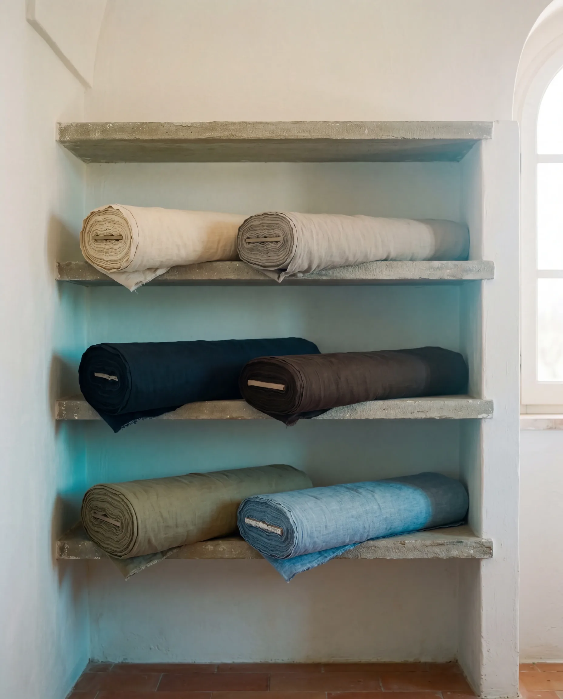 A bay of folded linen bolts on a stone shelf, mid-morning side-light.