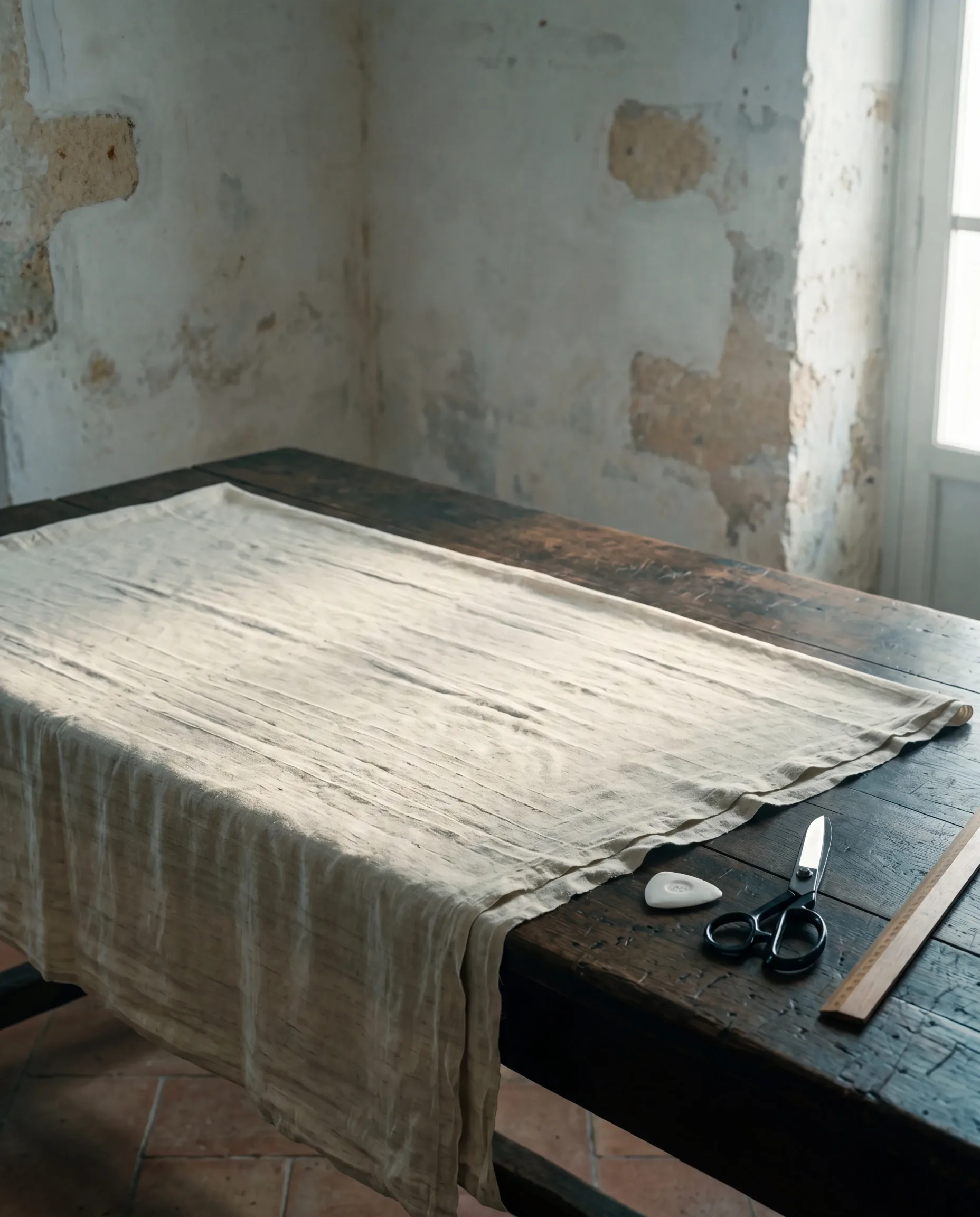 The cutting table, midday — cream linen laid flat, chalk and shears at rest.