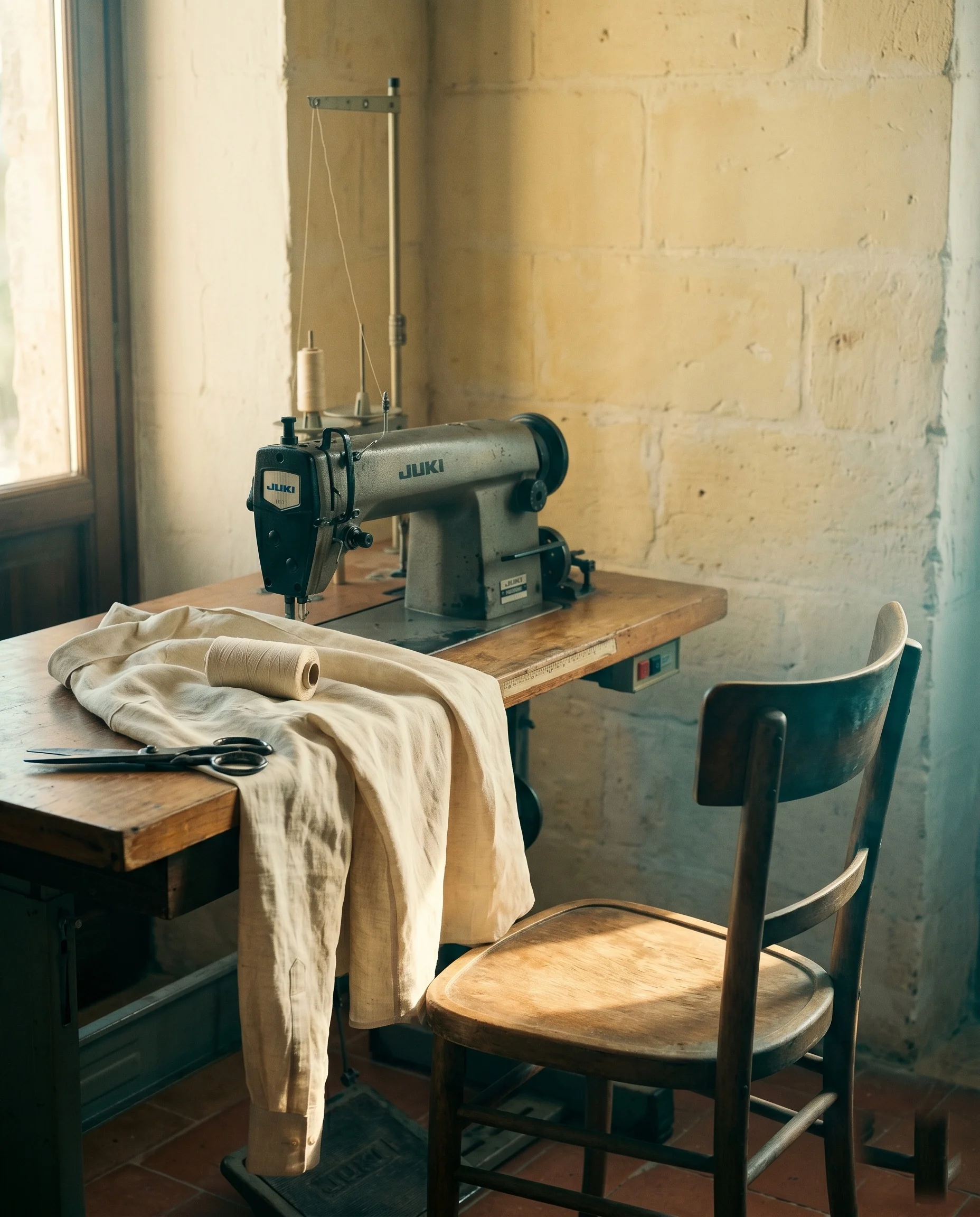 A single industrial sewing machine on a worn wooden bench, low afternoon light.