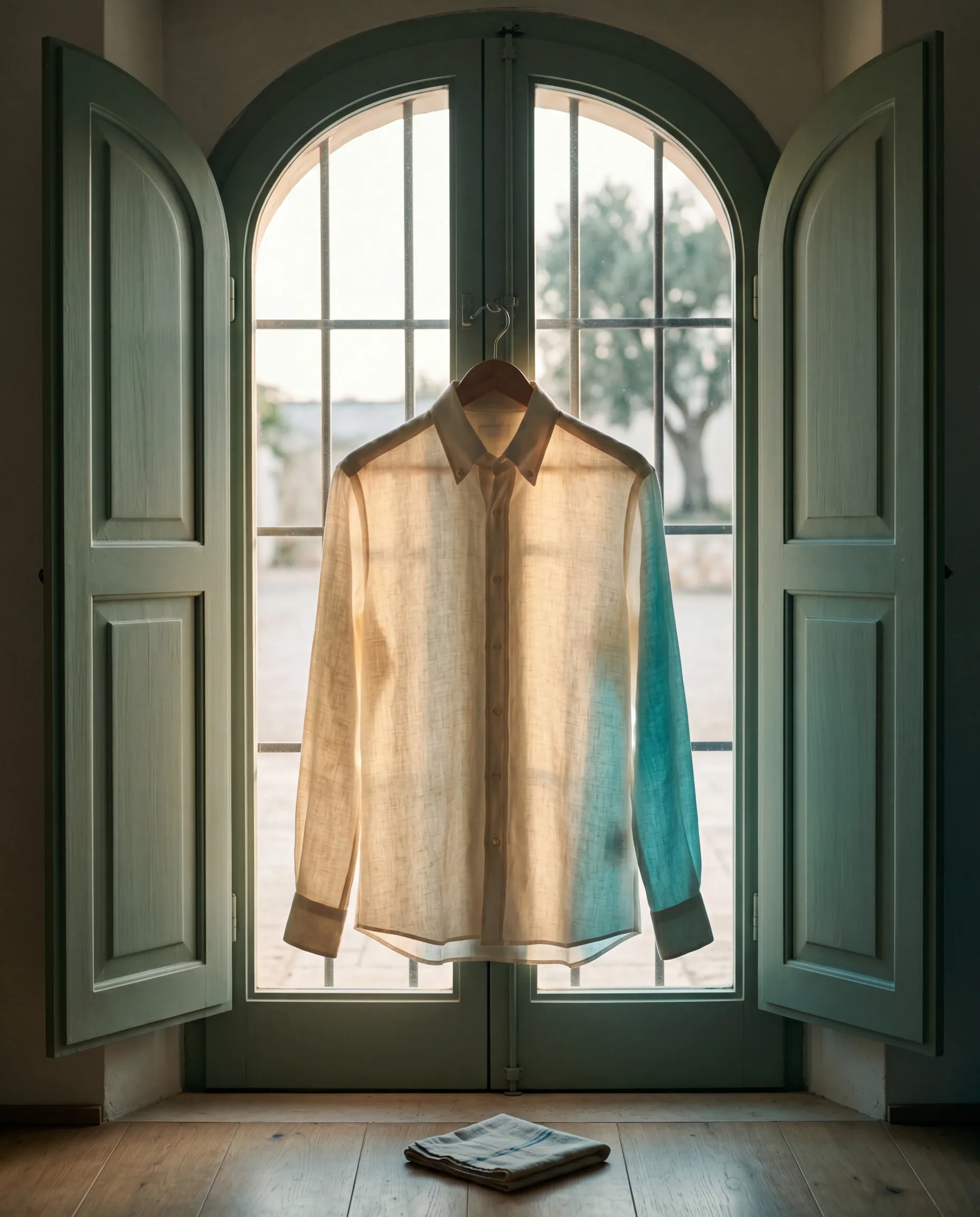 A pressed shirt on a wooden hanger by a window overlooking trees.