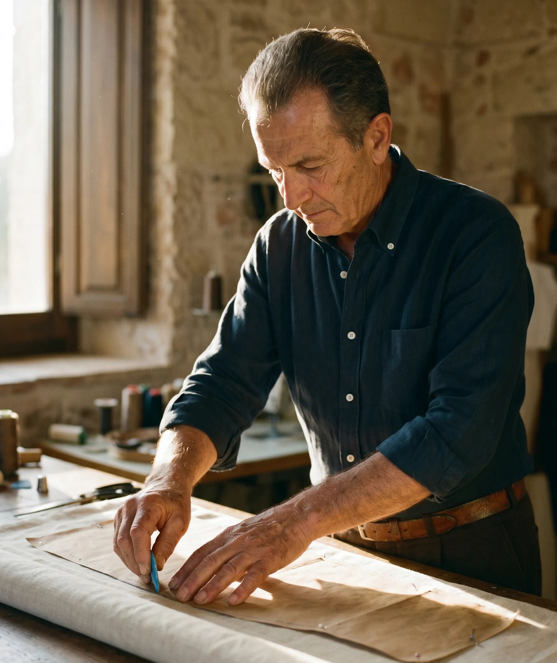 The senior tailor at the cutting table — early fifties, salt-and-pepper hair, weathered hands marking chalk against a paper pattern on cream linen, raking afternoon light from screen-left.