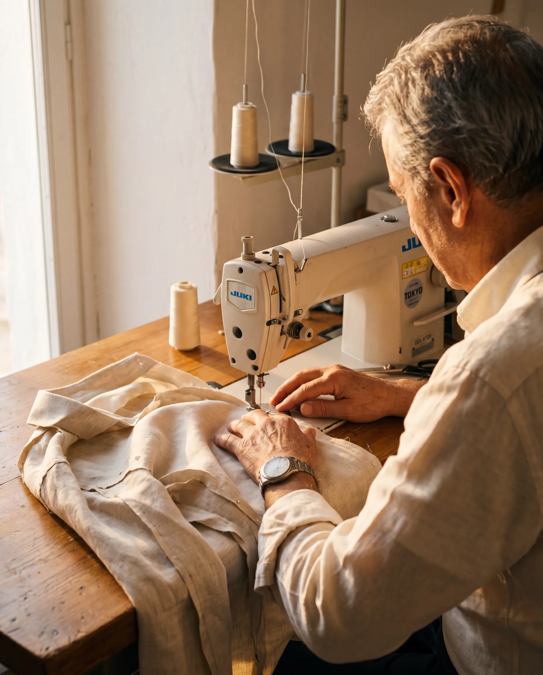 The senior tailor at the Juki industrial machine — early fifties, three-day stubble, hands working a seam on a half-stitched cream linen shirt, late afternoon side-light.