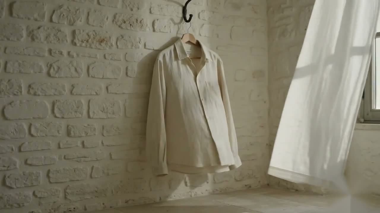 A linen shirt at rest on a wooden hook in a quiet room, late-afternoon light through louvre shutters — the cloth in its own time